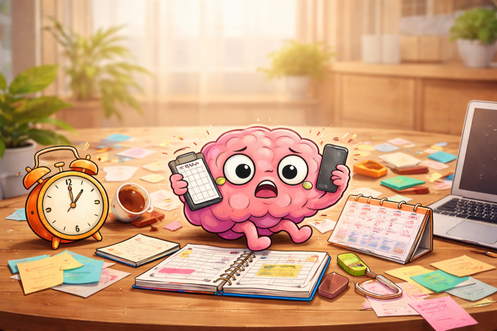 Illustration of an overwhelmed pink brain sitting at a messy desk with a phone, planner, alarm clock, sticky notes, and laptop, representing ADHD time blindness