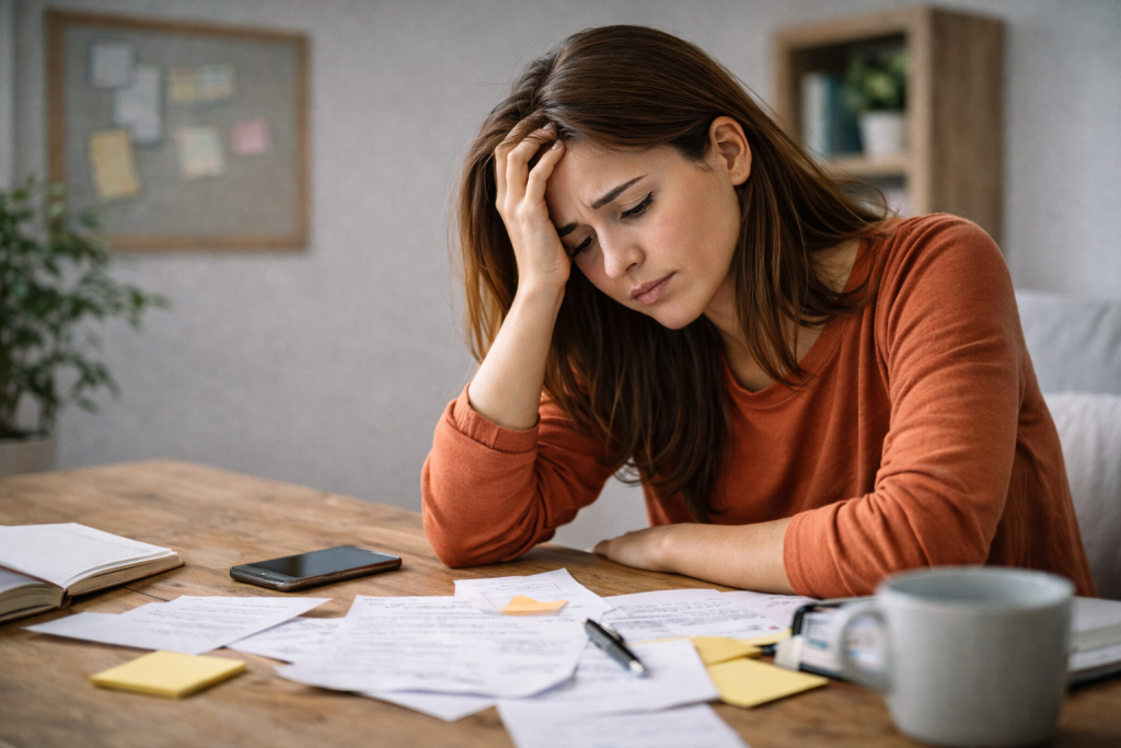 ADHD paralysis woman overwhelmed, executive dysfunction can't start tasks mental clutter